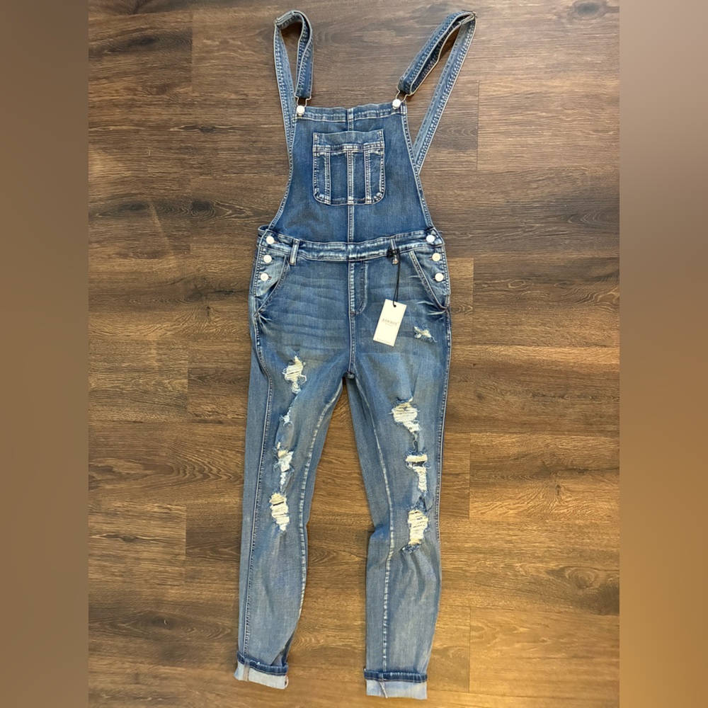 Judy Blue Classic Blue distressed Denim overalls skinny fit stretchy sz L